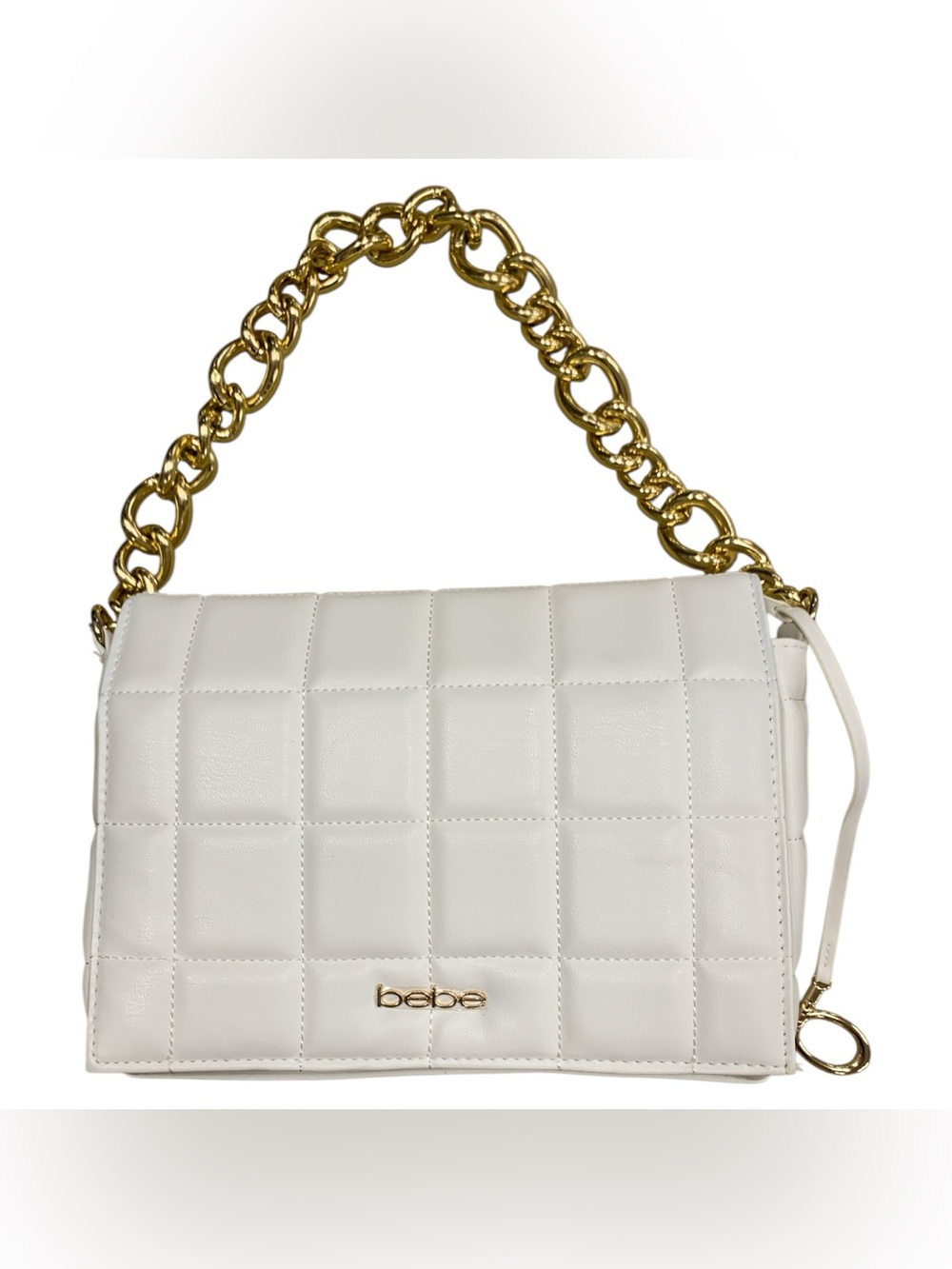 bebe Quilted White Shoulder Bag with Gold Chain Strap